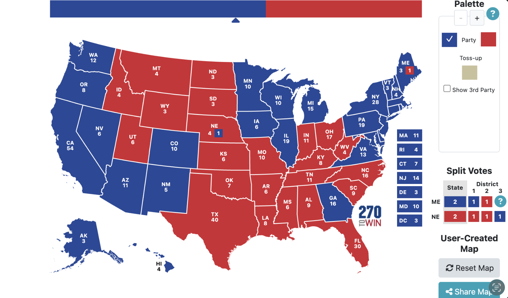 A 270toWin map showing a hypothetical 2028 presidential election outcome
